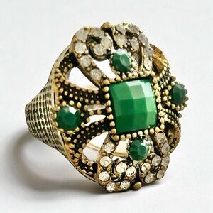 Vintage Style Emerald Green Silver & Gold Statement Ring Size 9